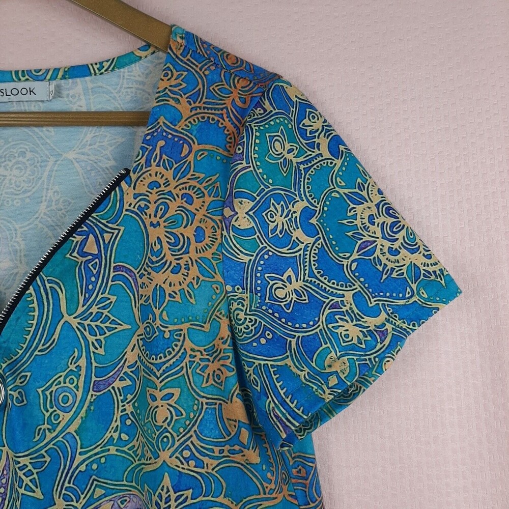 Misslook Women T Shirt Blue Floral Top Zip V Neck Short Sleeve Cotton Blend Sz S - Picture 8 of 12